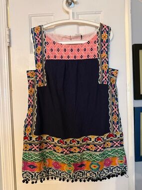 Anthropologie Navy Tunic with Pink, Yellow & Green Embroidered Trim
